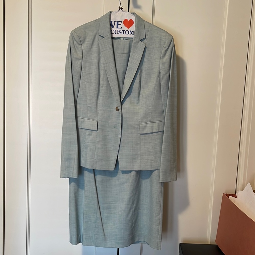 Sea foam green heather wool dress (thin grey) suede belt and matching jacket.